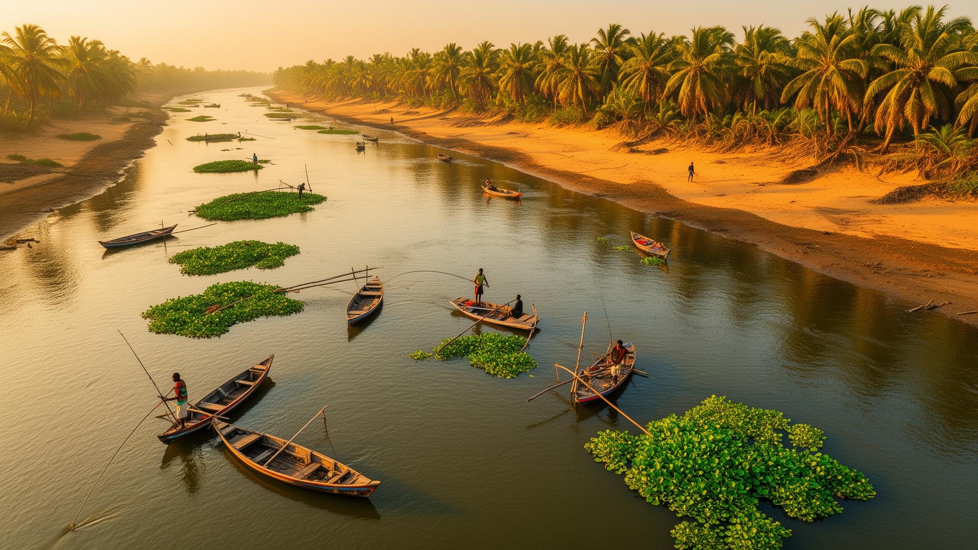 Aerial view of Niger Delta with fishing boats and floating vegetation