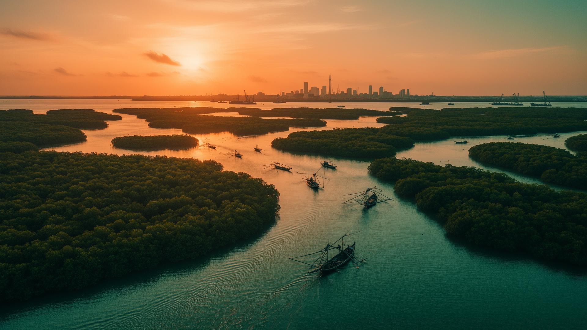 Aerial view of the Niger Delta at golden hour with fishing boats and the Port Harcourt skyline